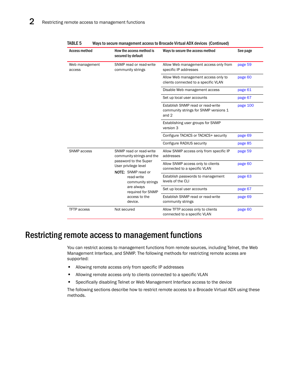 Restricting remote access to management functions | Brocade Virtual ADX Administration Guide (Supporting ADX v03.1.00) User Manual | Page 70 / 142