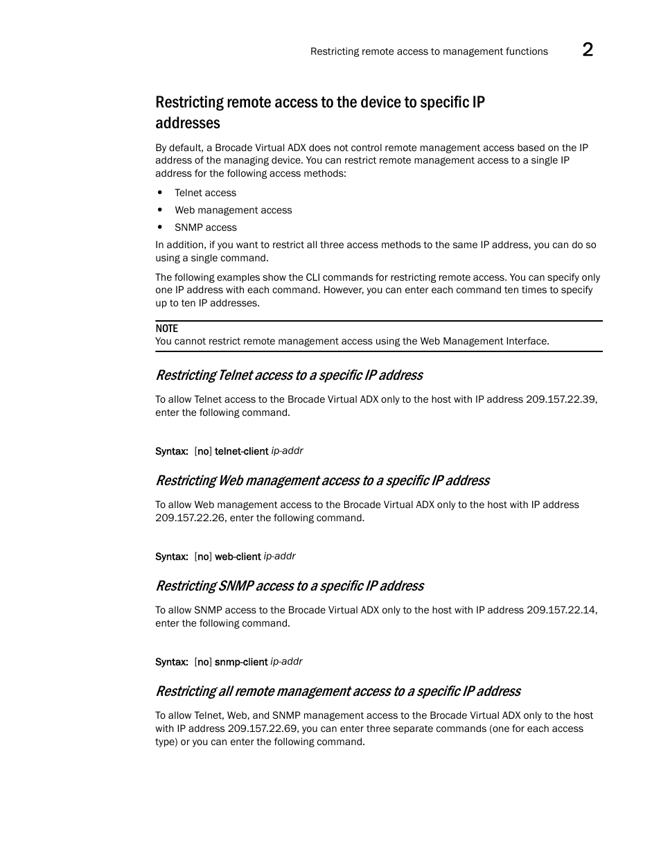 Restricting telnet access to a specific ip address, Restricting snmp access to a specific ip address | Brocade Virtual ADX Administration Guide (Supporting ADX v03.1.00) User Manual | Page 71 / 142