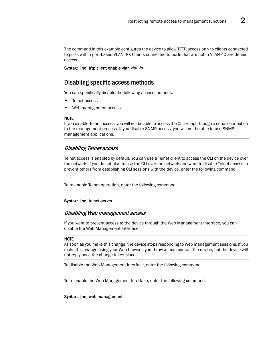 Disabling specific access methods, Disabling telnet access, Disabling web management access | Brocade Virtual ADX Administration Guide (Supporting ADX v03.1.00) User Manual | Page 73 / 142