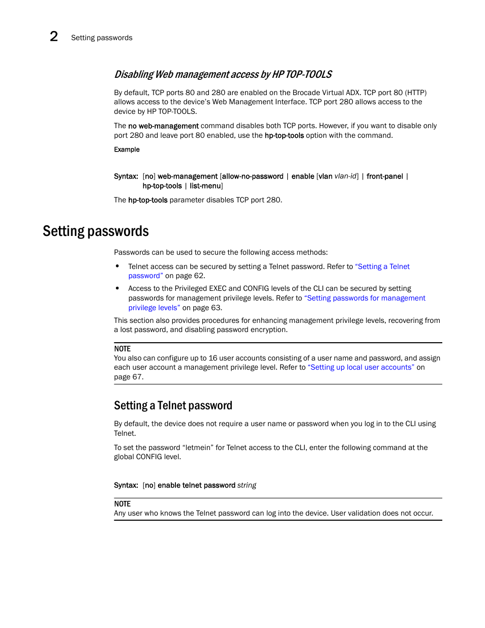 Setting passwords, Setting a telnet password, Disabling web management access by hp top-tools | Brocade Virtual ADX Administration Guide (Supporting ADX v03.1.00) User Manual | Page 74 / 142