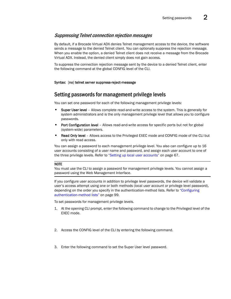 Setting passwords for management privilege levels, Setting passwords for management, Privilege levels | Suppressing telnet connection rejection messages | Brocade Virtual ADX Administration Guide (Supporting ADX v03.1.00) User Manual | Page 75 / 142