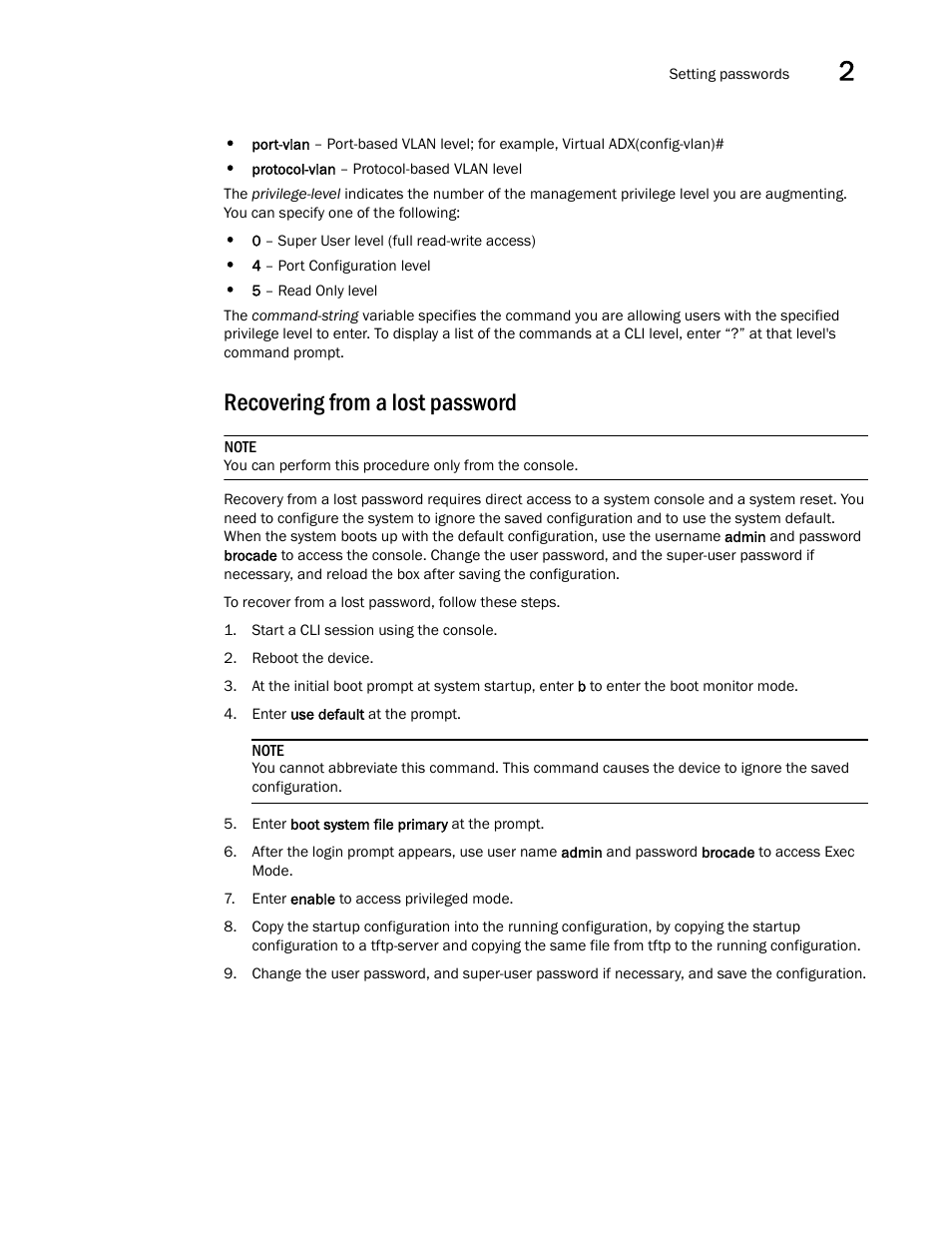 Recovering from a lost password | Brocade Virtual ADX Administration Guide (Supporting ADX v03.1.00) User Manual | Page 77 / 142