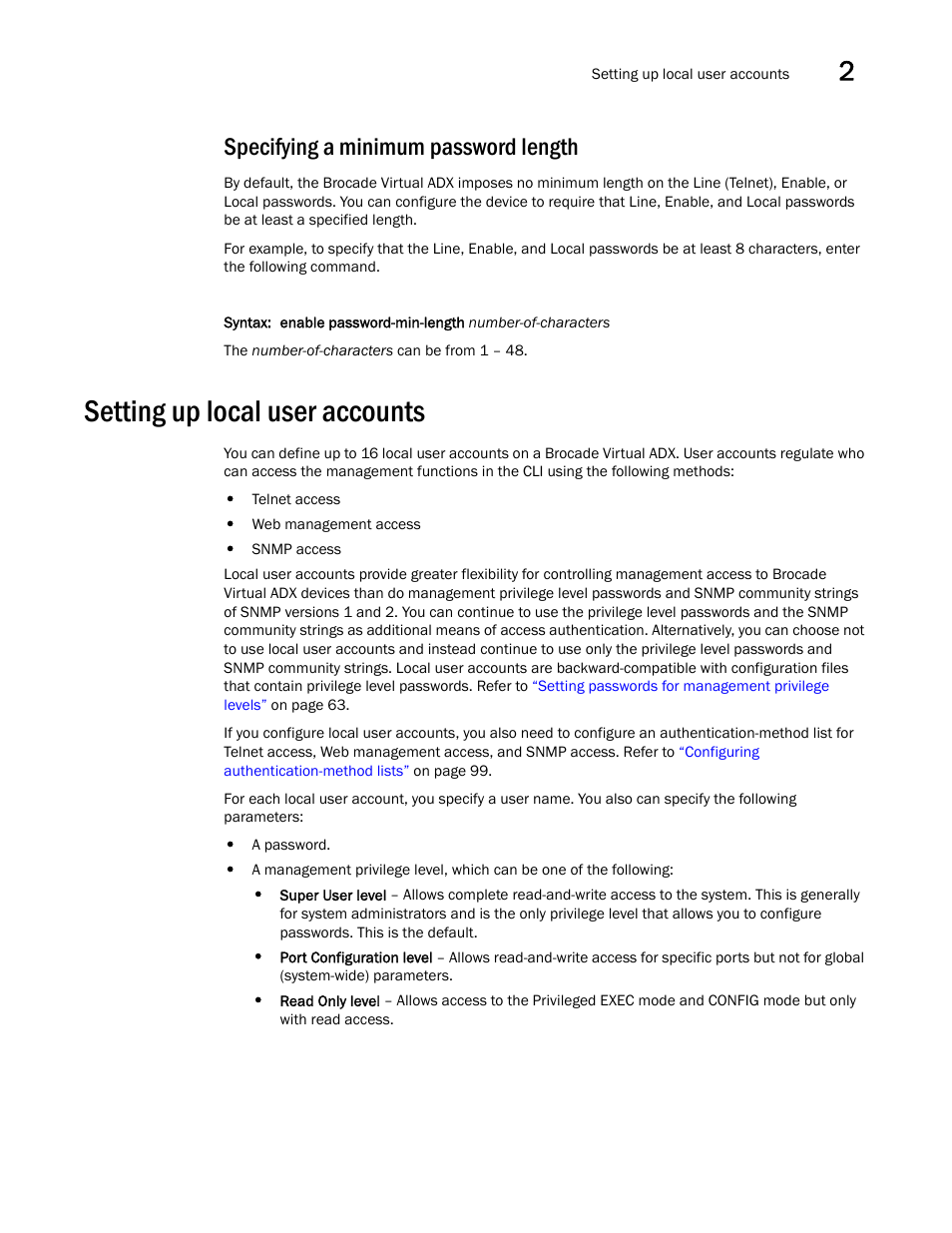 Specifying a minimum password length, Setting up local user accounts | Brocade Virtual ADX Administration Guide (Supporting ADX v03.1.00) User Manual | Page 79 / 142
