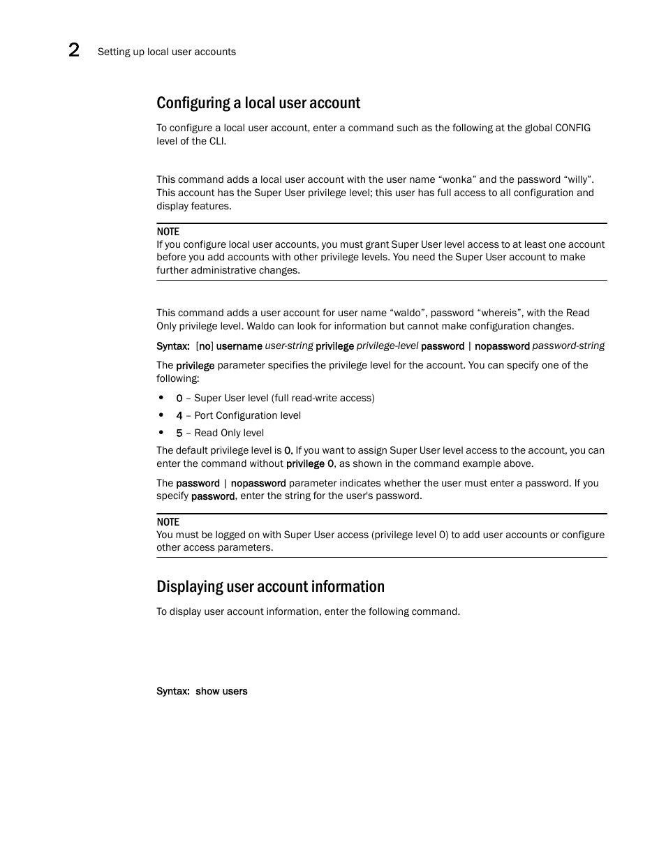 Configuring a local user account, Displaying user account information | Brocade Virtual ADX Administration Guide (Supporting ADX v03.1.00) User Manual | Page 80 / 142