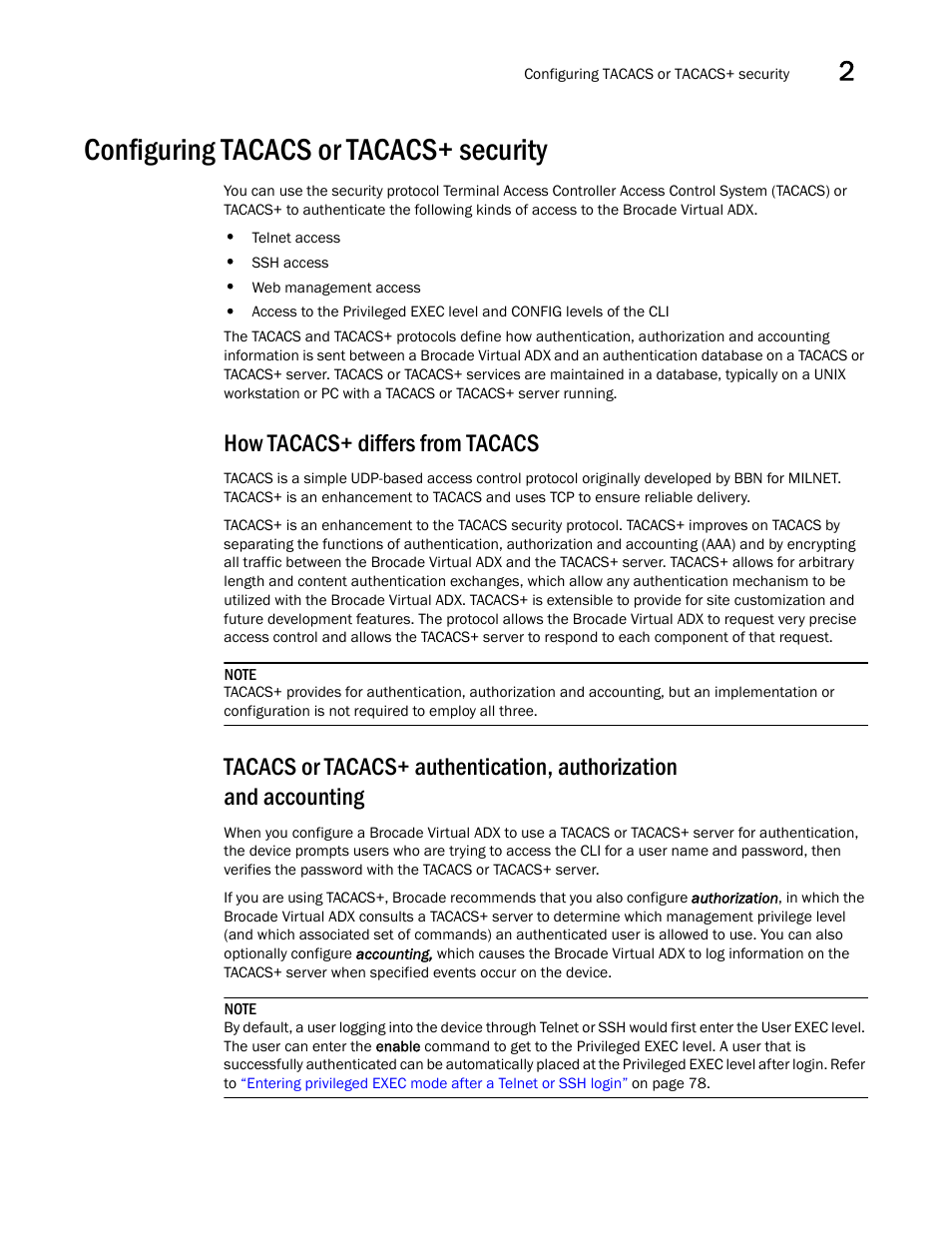 Configuring tacacs or tacacs+ security, How tacacs+ differs from tacacs | Brocade Virtual ADX Administration Guide (Supporting ADX v03.1.00) User Manual | Page 81 / 142