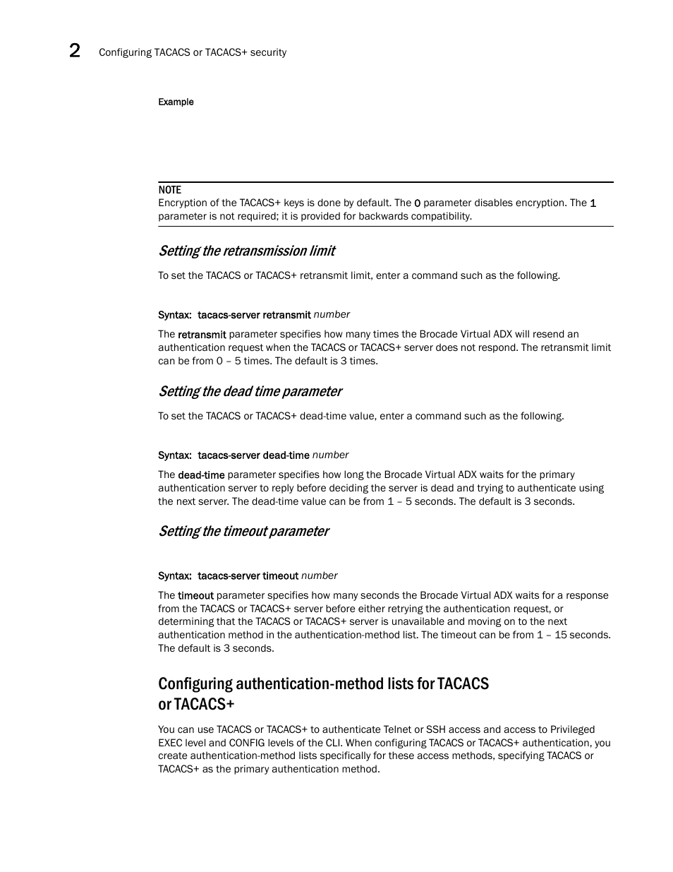 Configuring authentication-method lists for, Tacacs or tacacs, Setting the retransmission limit | Setting the dead time parameter, Setting the timeout parameter | Brocade Virtual ADX Administration Guide (Supporting ADX v03.1.00) User Manual | Page 88 / 142