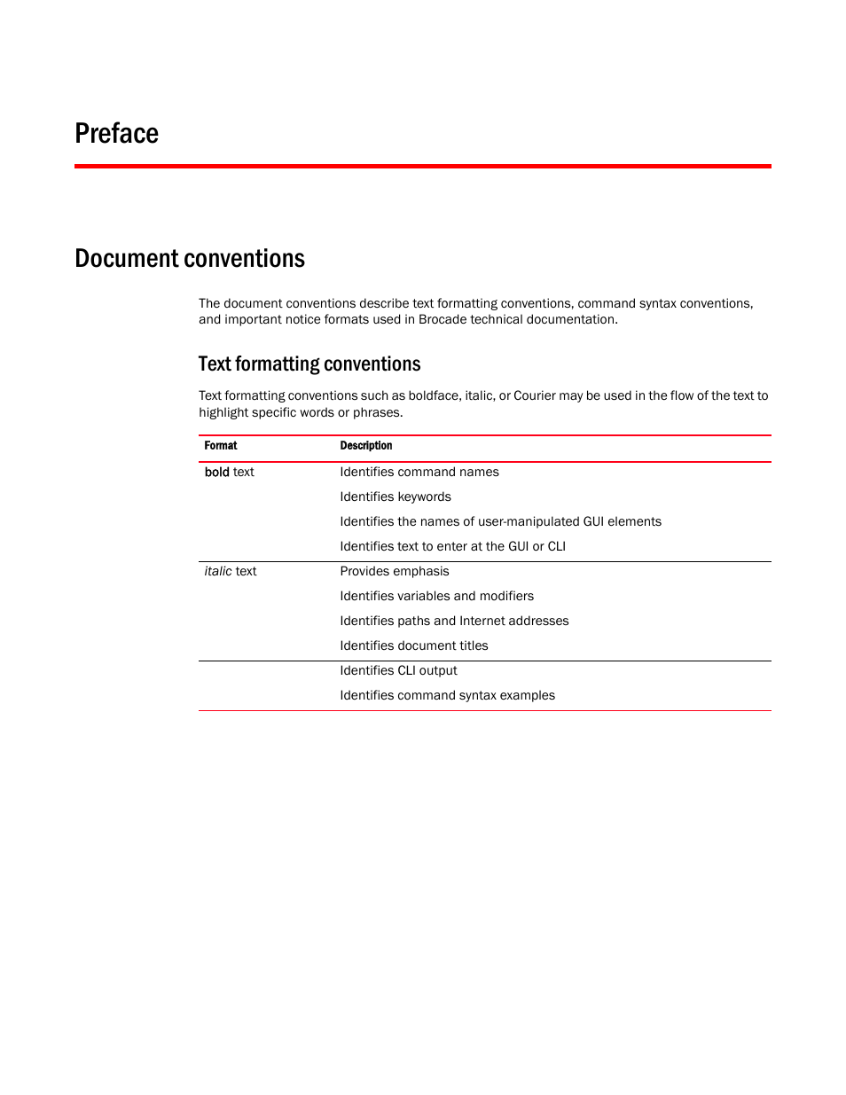 Preface, Document conventions, Text formatting conventions | Brocade Virtual ADX Administration Guide (Supporting ADX v03.1.00) User Manual | Page 9 / 142