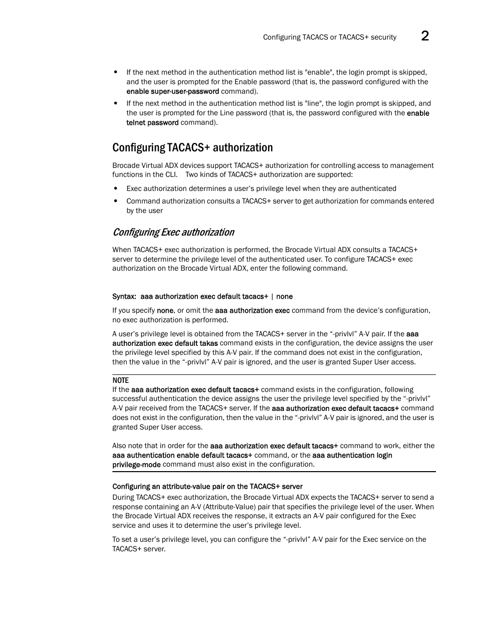 Configuring tacacs+ authorization, Configuring exec authorization | Brocade Virtual ADX Administration Guide (Supporting ADX v03.1.00) User Manual | Page 91 / 142