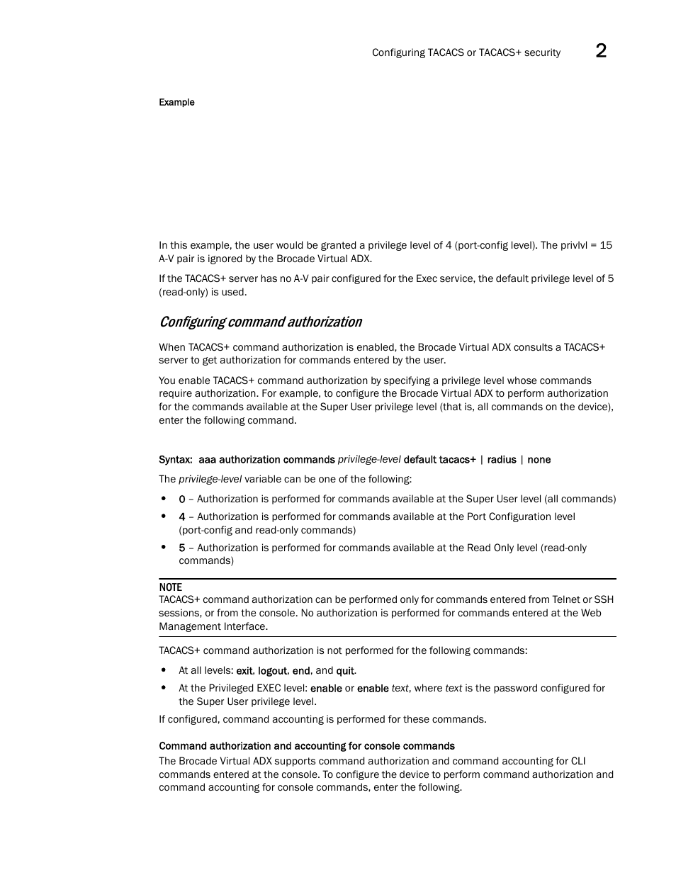 Configuring command authorization | Brocade Virtual ADX Administration Guide (Supporting ADX v03.1.00) User Manual | Page 93 / 142