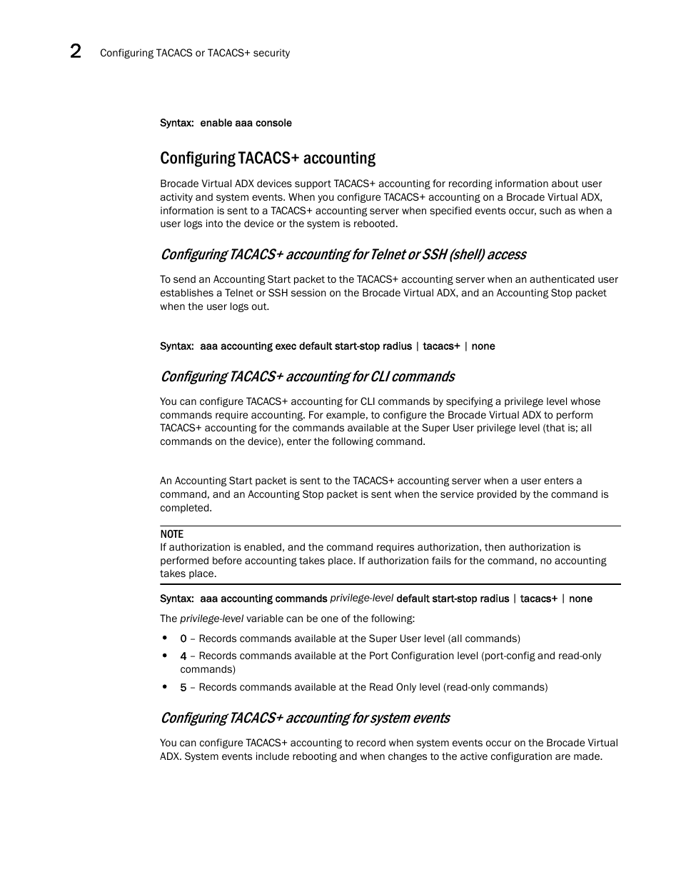 Configuring tacacs+ accounting, Configuring tacacs+ accounting for cli commands, Configuring tacacs+ accounting for system events | Brocade Virtual ADX Administration Guide (Supporting ADX v03.1.00) User Manual | Page 94 / 142