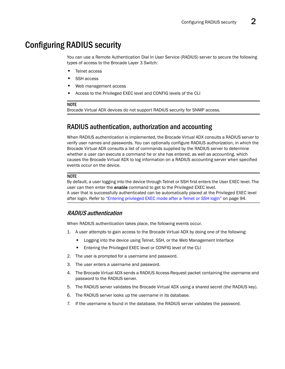 Configuring radius security, Radius authentication | Brocade Virtual ADX Administration Guide (Supporting ADX v03.1.00) User Manual | Page 97 / 142