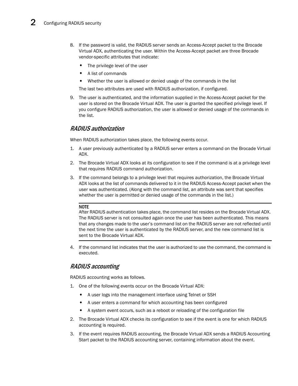 Radius authorization, Radius accounting | Brocade Virtual ADX Administration Guide (Supporting ADX v03.1.00) User Manual | Page 98 / 142