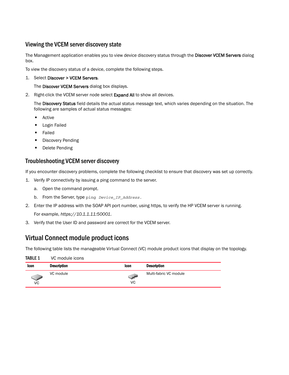 Viewing the vcem server discovery state, Troubleshooting vcem server discovery, Virtual connect module product icons | Brocade Virtual Connect Enterprise Manager Server Guide (Supporting Network Advisor 12.3.0) User Manual | Page 6 / 10