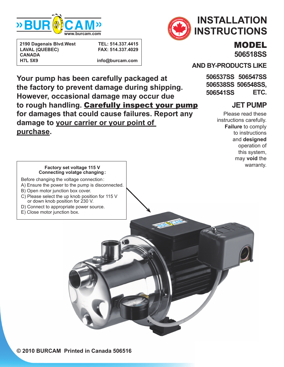 Burcam 506518SS SW STAINLESS STEEL JET PUMP 3/4HP 115/230V User Manual | 10 pages