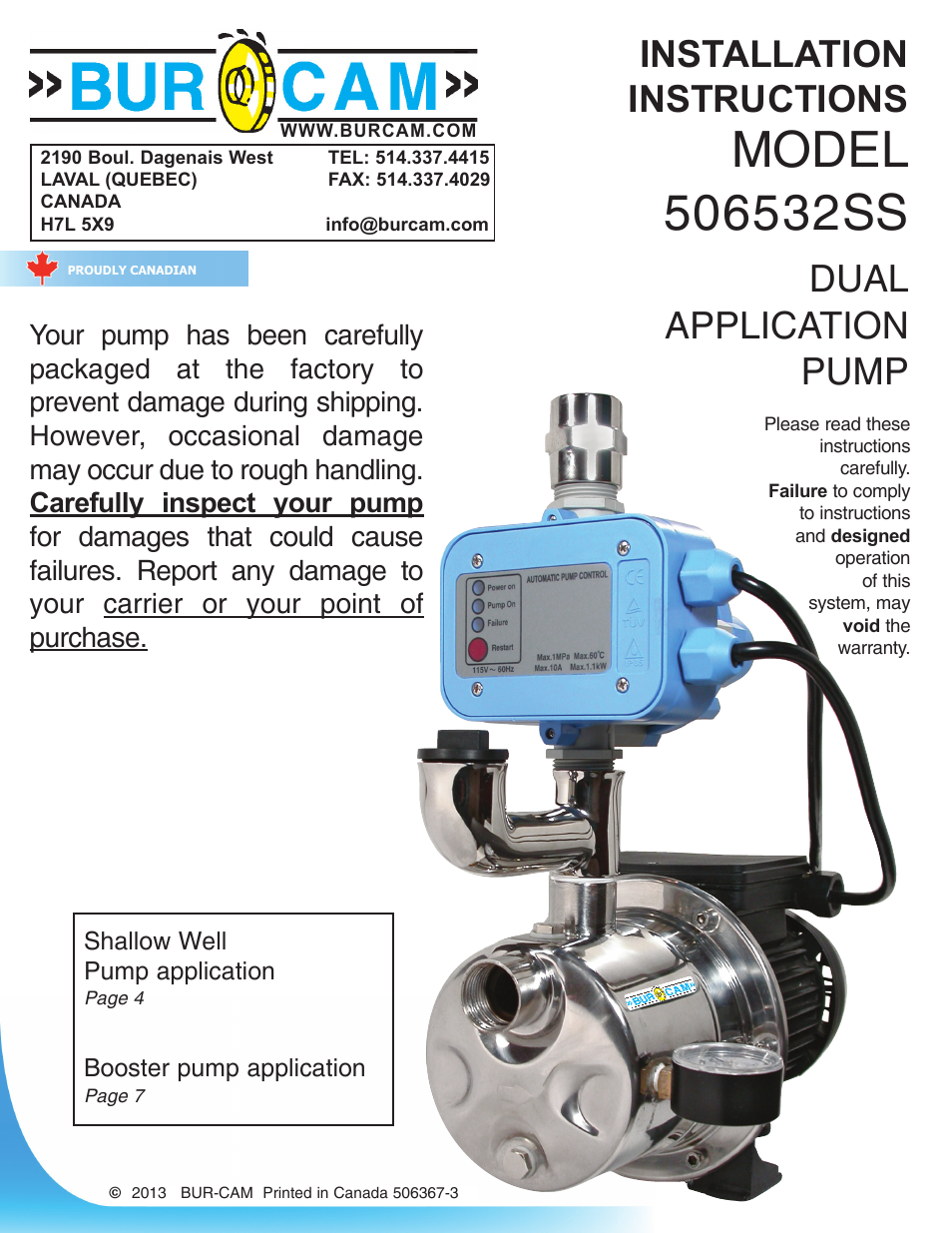 Burcam 506532SS S.W. STAINLESS STEEL JET PUMP WITH FLUOMAC 3/4HP 115V User Manual | 10 pages