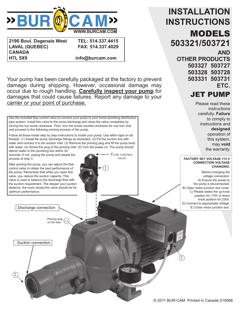 Burcam 503721 CONVERTIBLE C.I. JET PUMP 3/4HP 115/230V User Manual | 12 pages