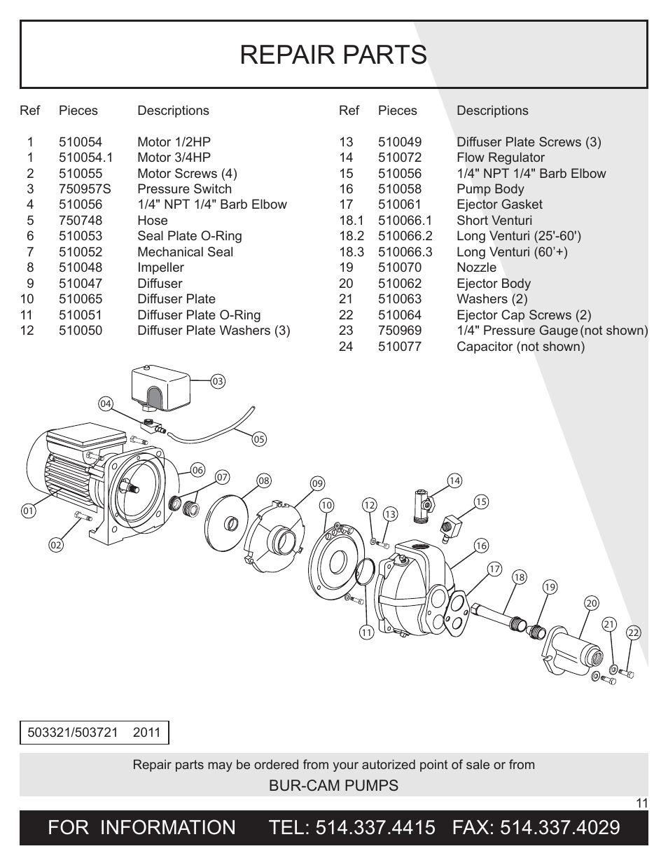 Repair parts, Bur-cam pumps | Burcam 503721 CONVERTIBLE C.I. JET PUMP 3/4HP 115/230V User Manual | Page 11 / 12