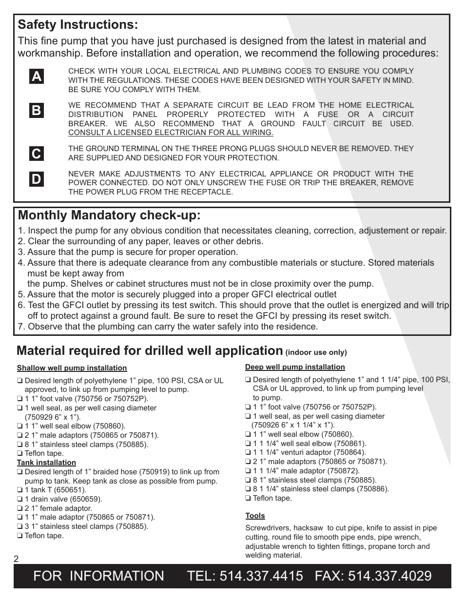 Ab c d, Safety instructions, Material required for drilled well application | Monthly mandatory check-up | Burcam 503721 CONVERTIBLE C.I. JET PUMP 3/4HP 115/230V User Manual | Page 2 / 12