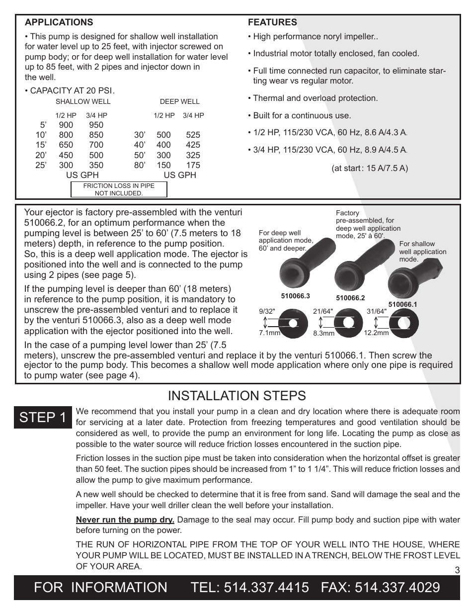 Step 1, Installation steps | Burcam 503721 CONVERTIBLE C.I. JET PUMP 3/4HP 115/230V User Manual | Page 3 / 12