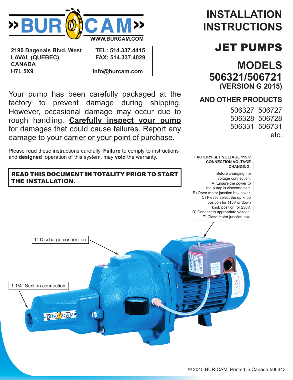 Burcam 506721 CONVERTIBLE C.I. JET PUMP 3/4HP 115/230V User Manual | 12 pages