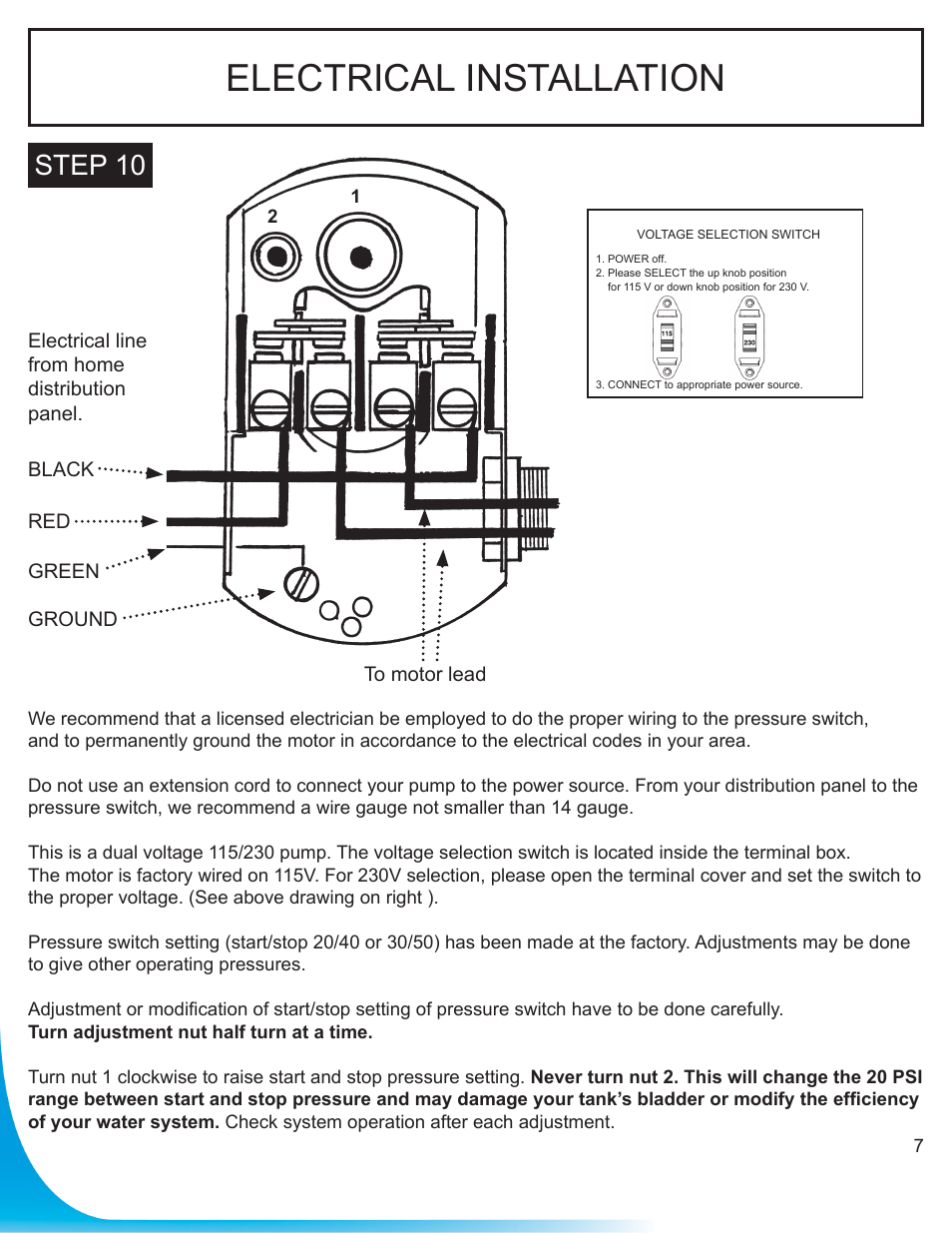 Electrical installation, Step 10 | Burcam 506721 CONVERTIBLE C.I. JET PUMP 3/4HP 115/230V User Manual | Page 7 / 12