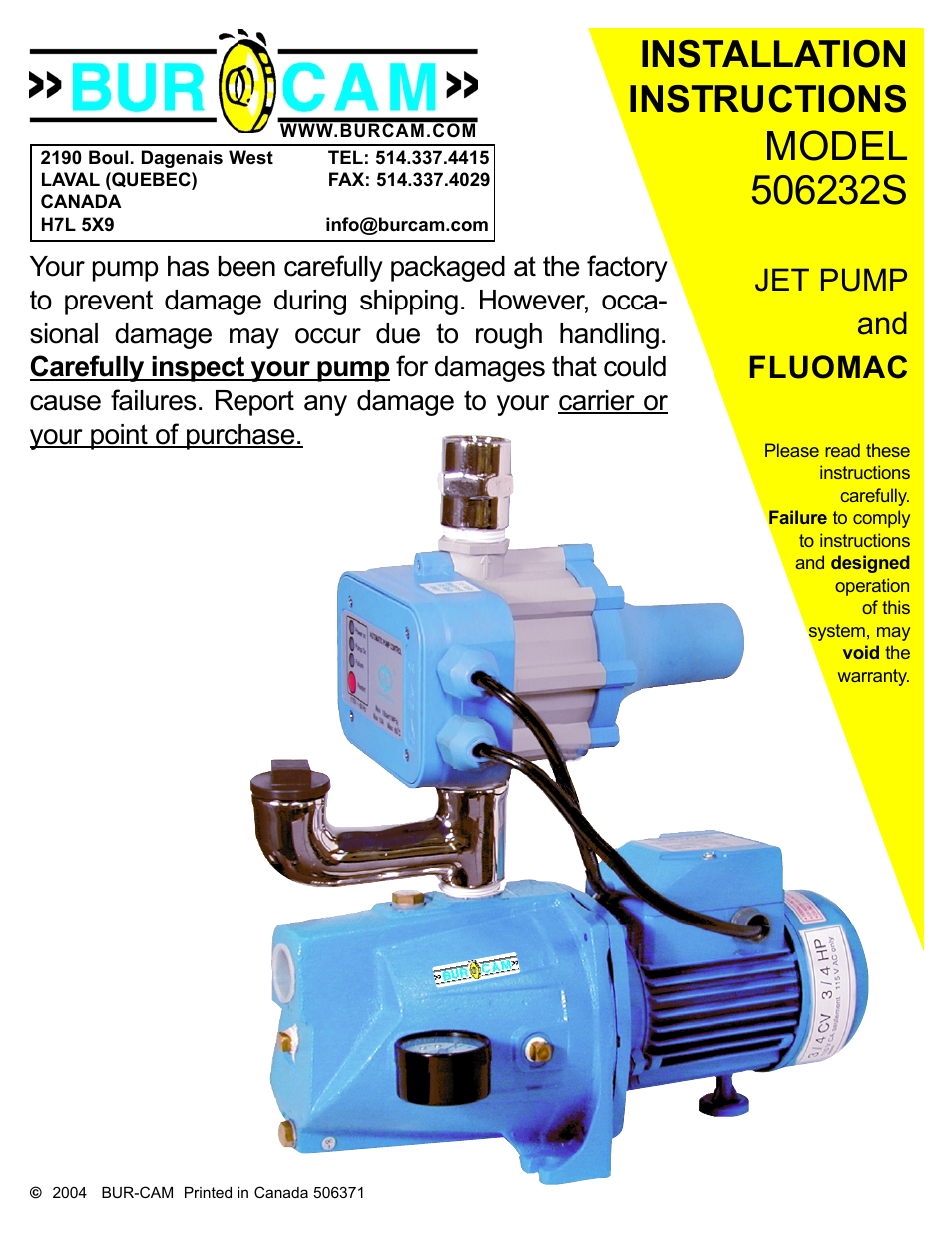 Burcam 506232S S.W. CAST IRON JET PUMP WITH FLUOMAC 3/4HP 115V User Manual | 9 pages