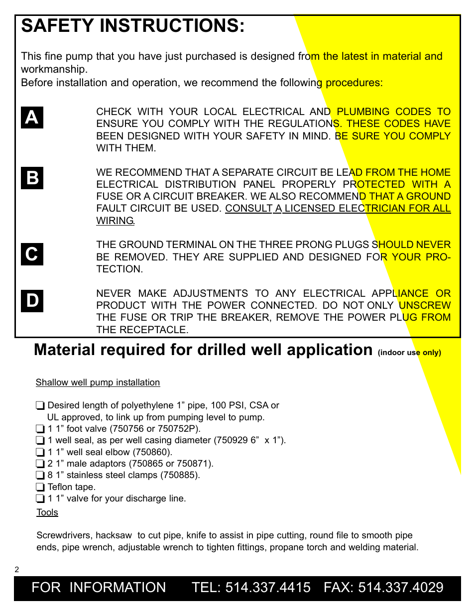 Safety instructions, Ab c d, Material required for drilled well application | Burcam 506232S S.W. CAST IRON JET PUMP WITH FLUOMAC 3/4HP 115V User Manual | Page 2 / 9