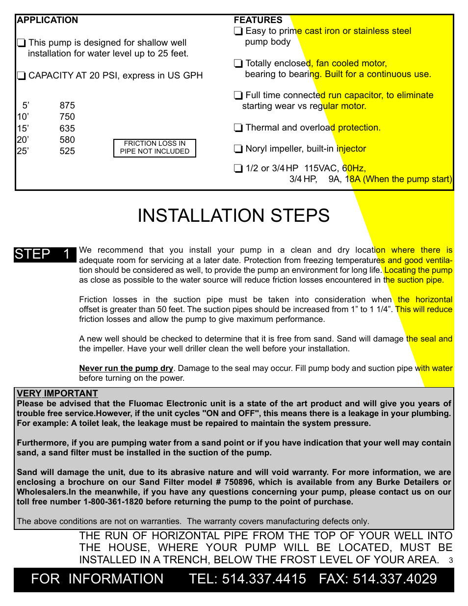 Installation steps, Step 1 | Burcam 506232S S.W. CAST IRON JET PUMP WITH FLUOMAC 3/4HP 115V User Manual | Page 3 / 9