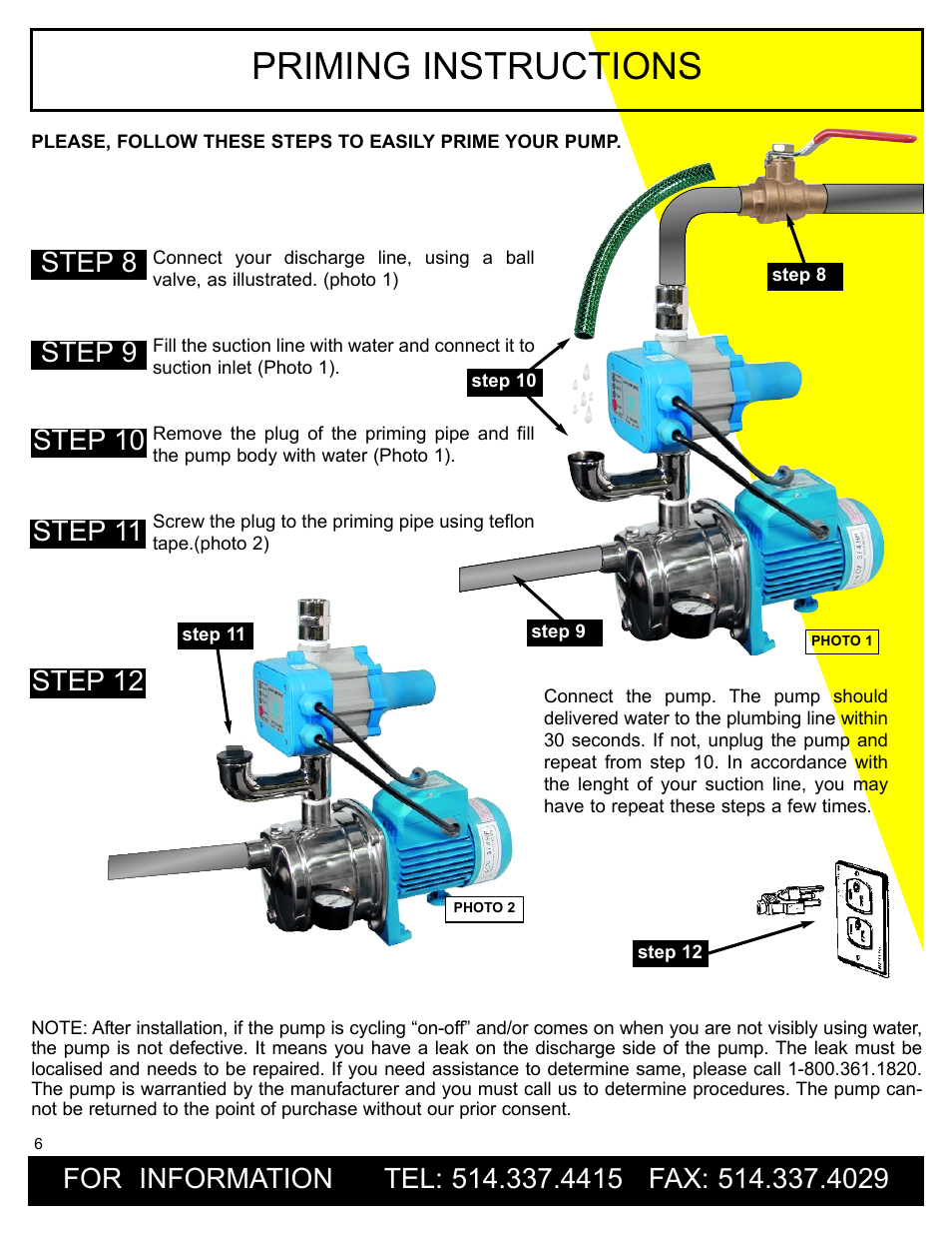 Priming instructions | Burcam 506232S S.W. CAST IRON JET PUMP WITH FLUOMAC 3/4HP 115V User Manual | Page 6 / 9