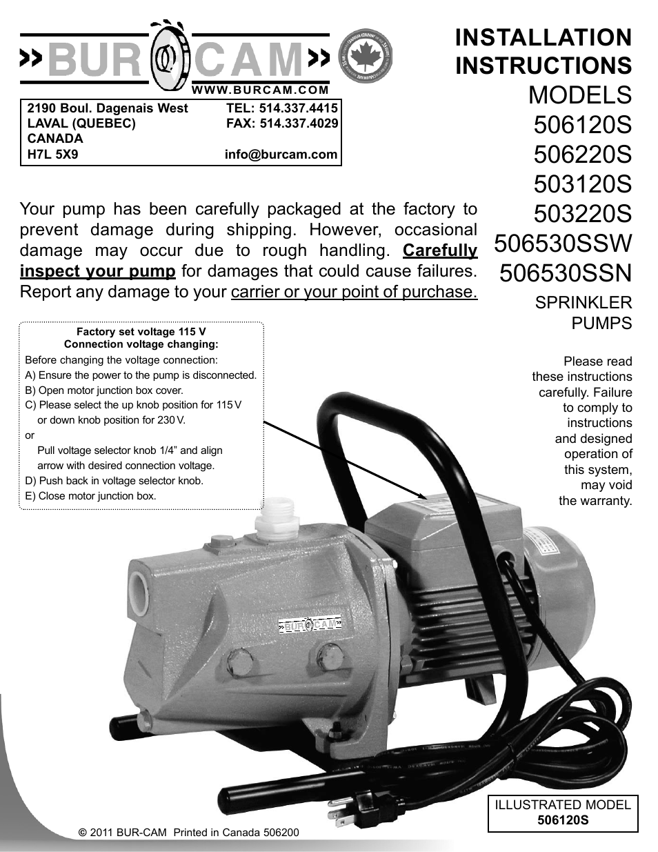Burcam 506530SS S.W. STAINLESS STEEL SPRINKLER JET PUMP 3/4HP 115/230+HANDLE User Manual | 10 pages