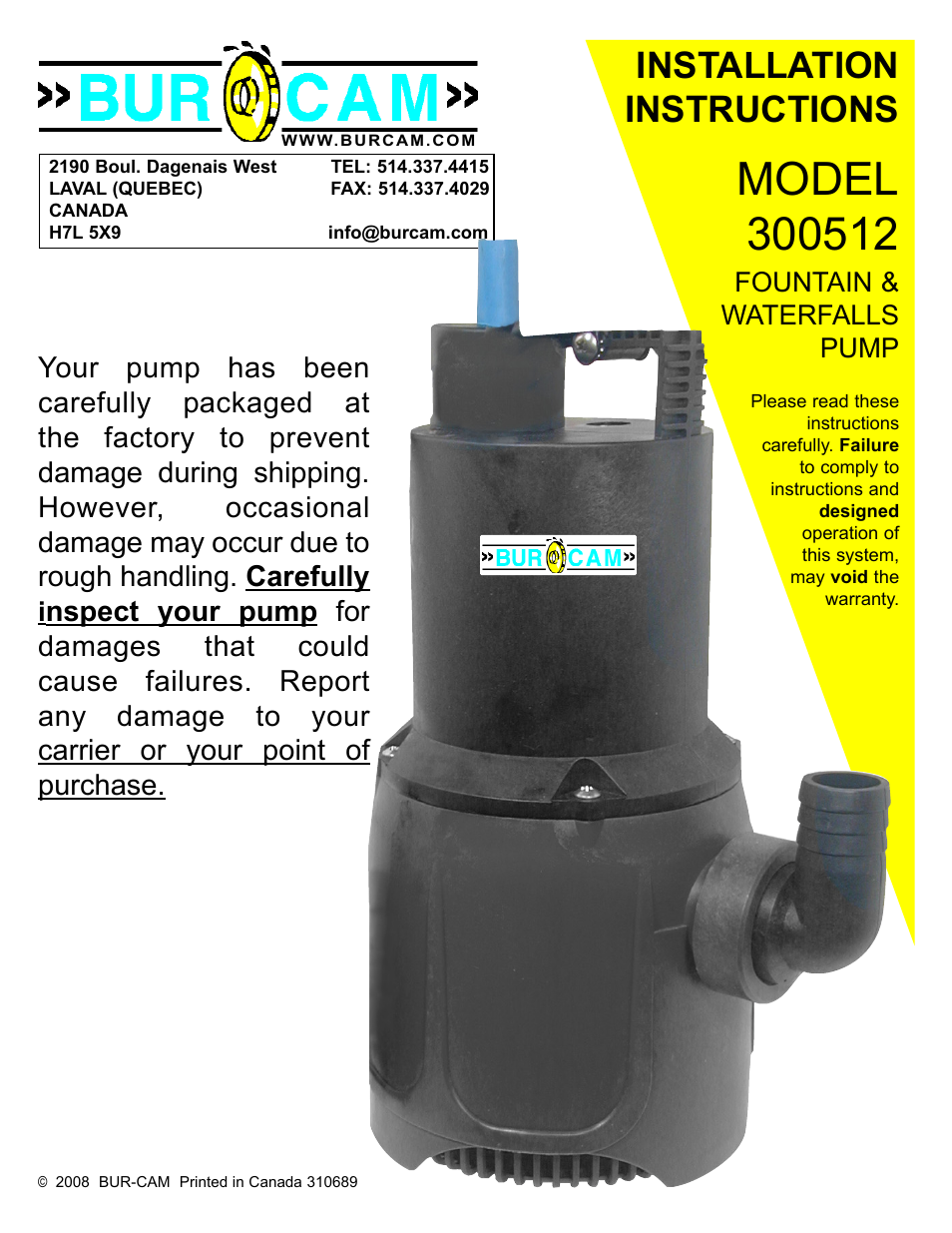 Burcam 300512 1/3HP SUBM. WATERFALL PUMP CONTINUOUS DUTY 115V User Manual | 4 pages