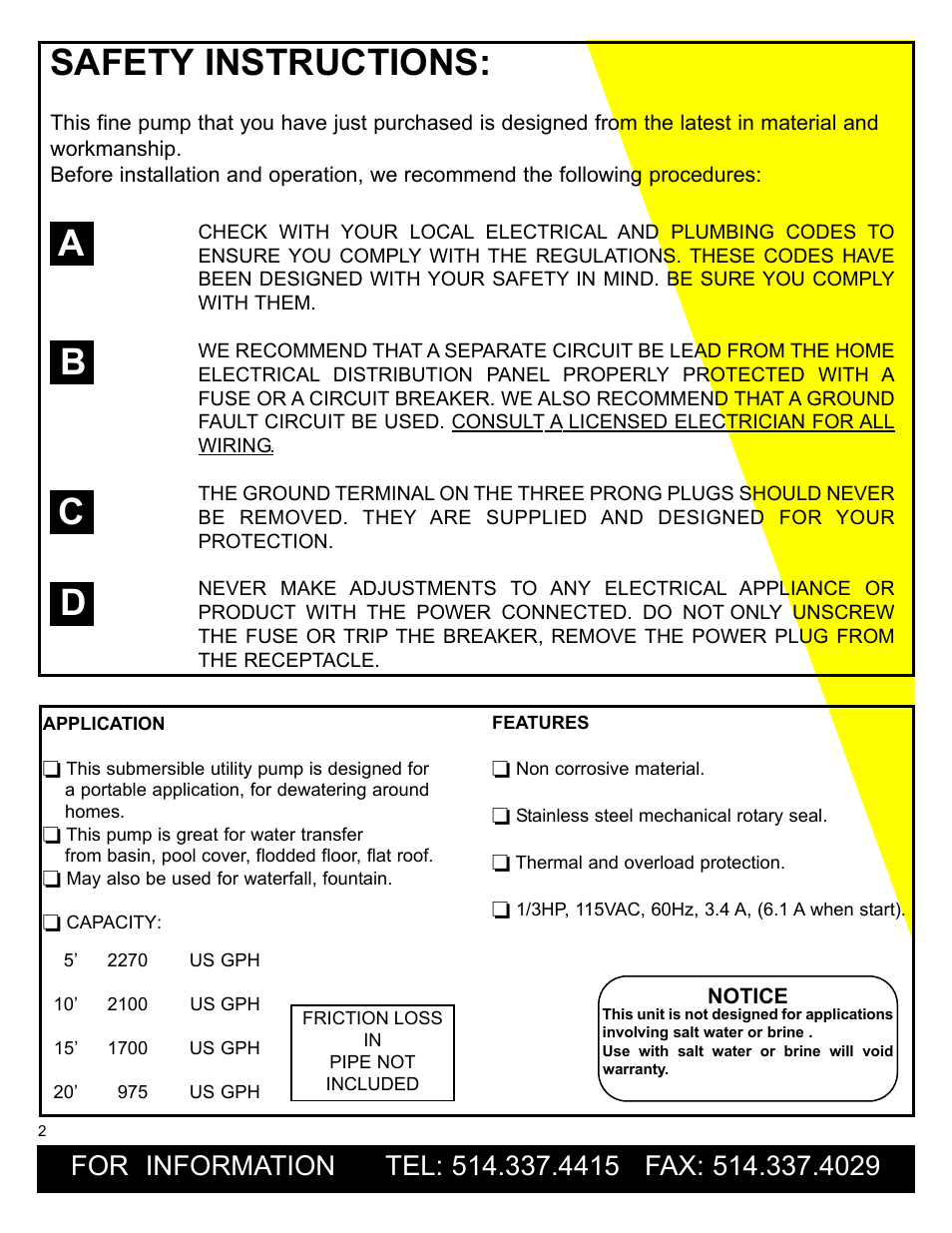 Safety instructions, Ab c d | Burcam 300512 1/3HP SUBM. WATERFALL PUMP CONTINUOUS DUTY 115V User Manual | Page 2 / 4