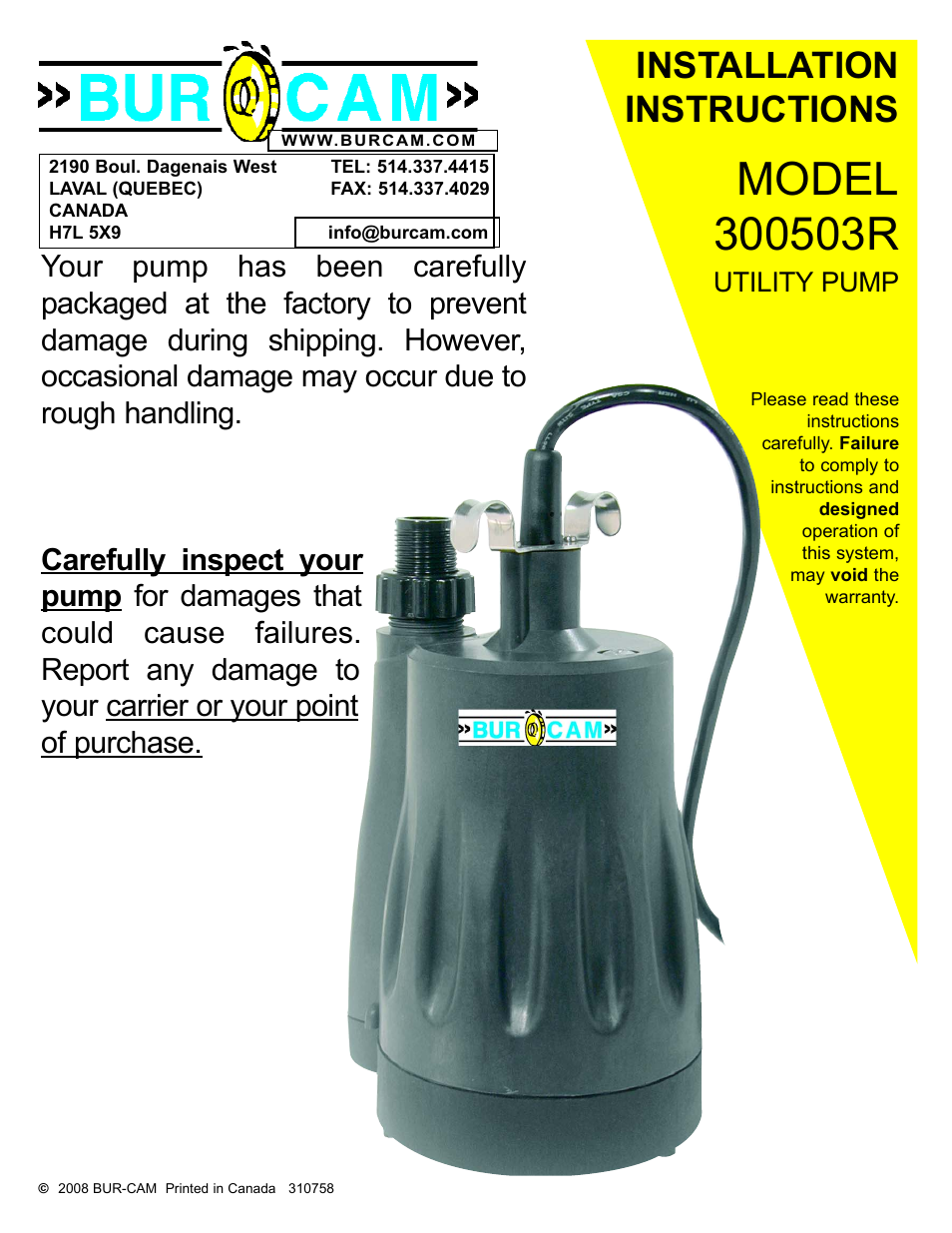 Burcam 300503R UTILITY SUBMERSIBLE PUMP 1/4HP 115V ELECTRONIC SWITCH User Manual | 4 pages