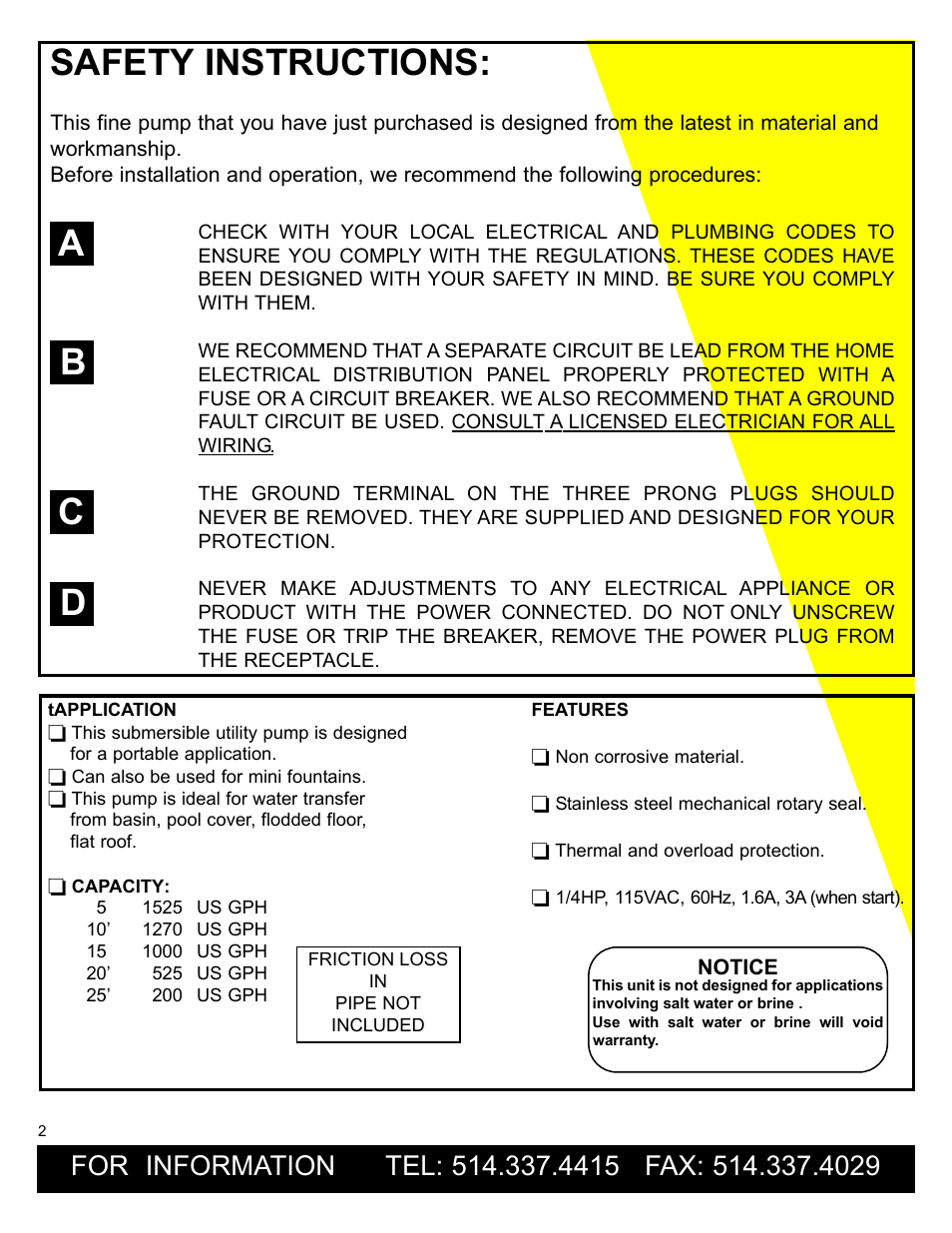 Safety instructions, Ab c d | Burcam 300503R UTILITY SUBMERSIBLE PUMP 1/4HP 115V ELECTRONIC SWITCH User Manual | Page 2 / 4