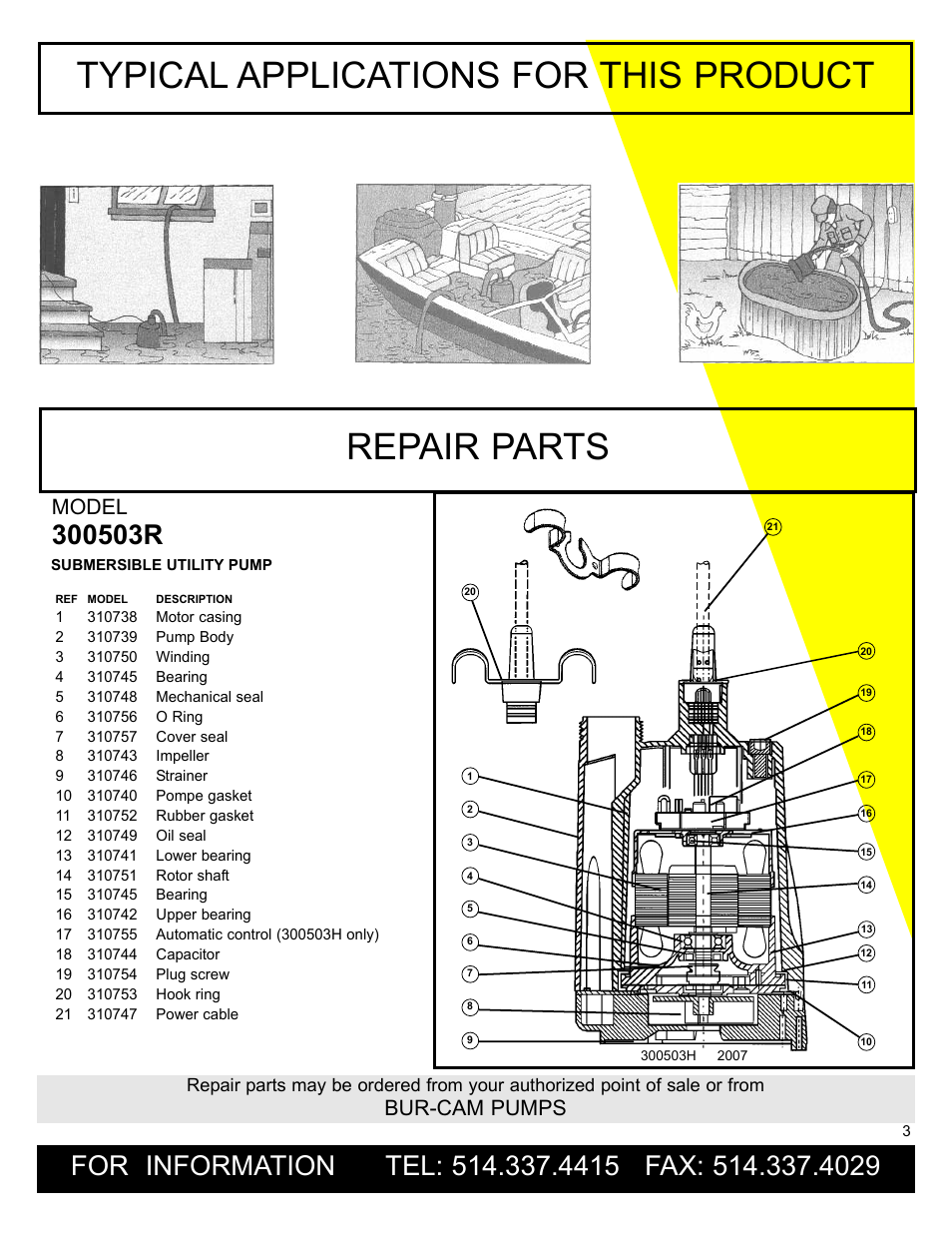 Typical applications for this product, Repair parts, Bur-cam pumps | Model | Burcam 300503R UTILITY SUBMERSIBLE PUMP 1/4HP 115V ELECTRONIC SWITCH User Manual | Page 3 / 4