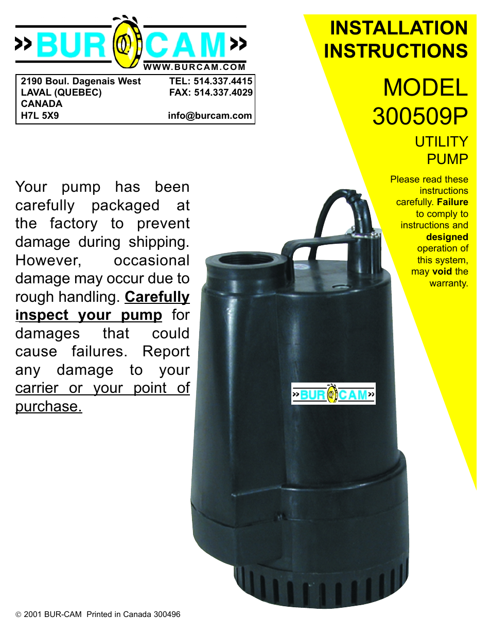 Burcam 300509P SUBMERSIBLE UTILITY PUMP (POOL/FOUNTAIN) 1/2HP 115V User Manual | 4 pages