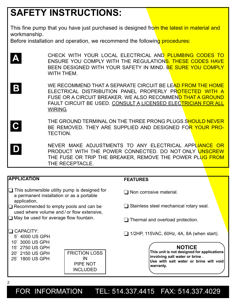 Safety instructions, Ab c d | Burcam 300509P SUBMERSIBLE UTILITY PUMP (POOL/FOUNTAIN) 1/2HP 115V User Manual | Page 2 / 4