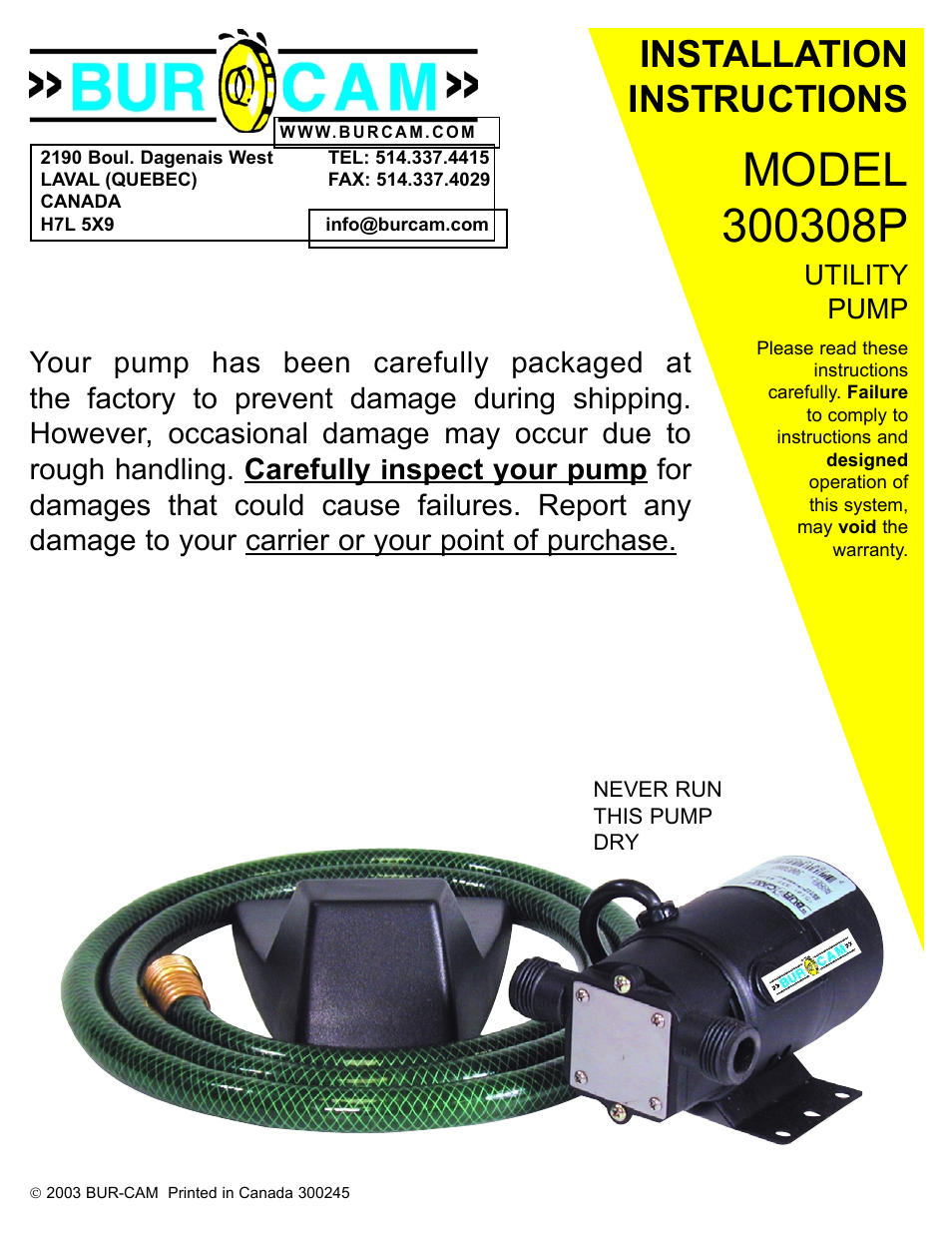 Burcam 300308P MINIVAC UTILITY PUMP 115V 1/12HP C/W ACCESSORIES User Manual | 6 pages
