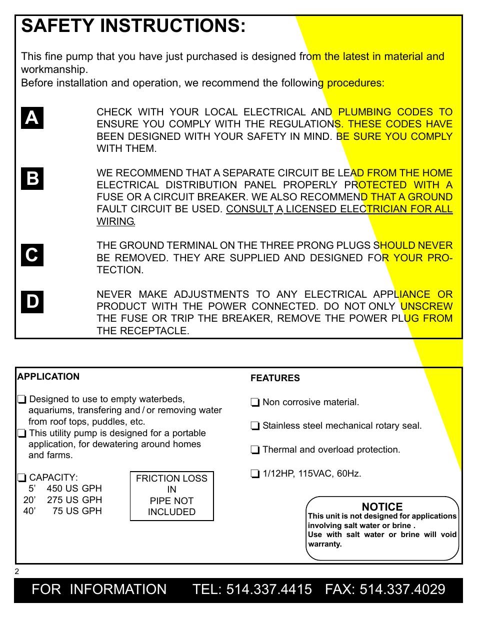 Safety instructions, Ab c d | Burcam 300308P MINIVAC UTILITY PUMP 115V 1/12HP C/W ACCESSORIES User Manual | Page 2 / 6