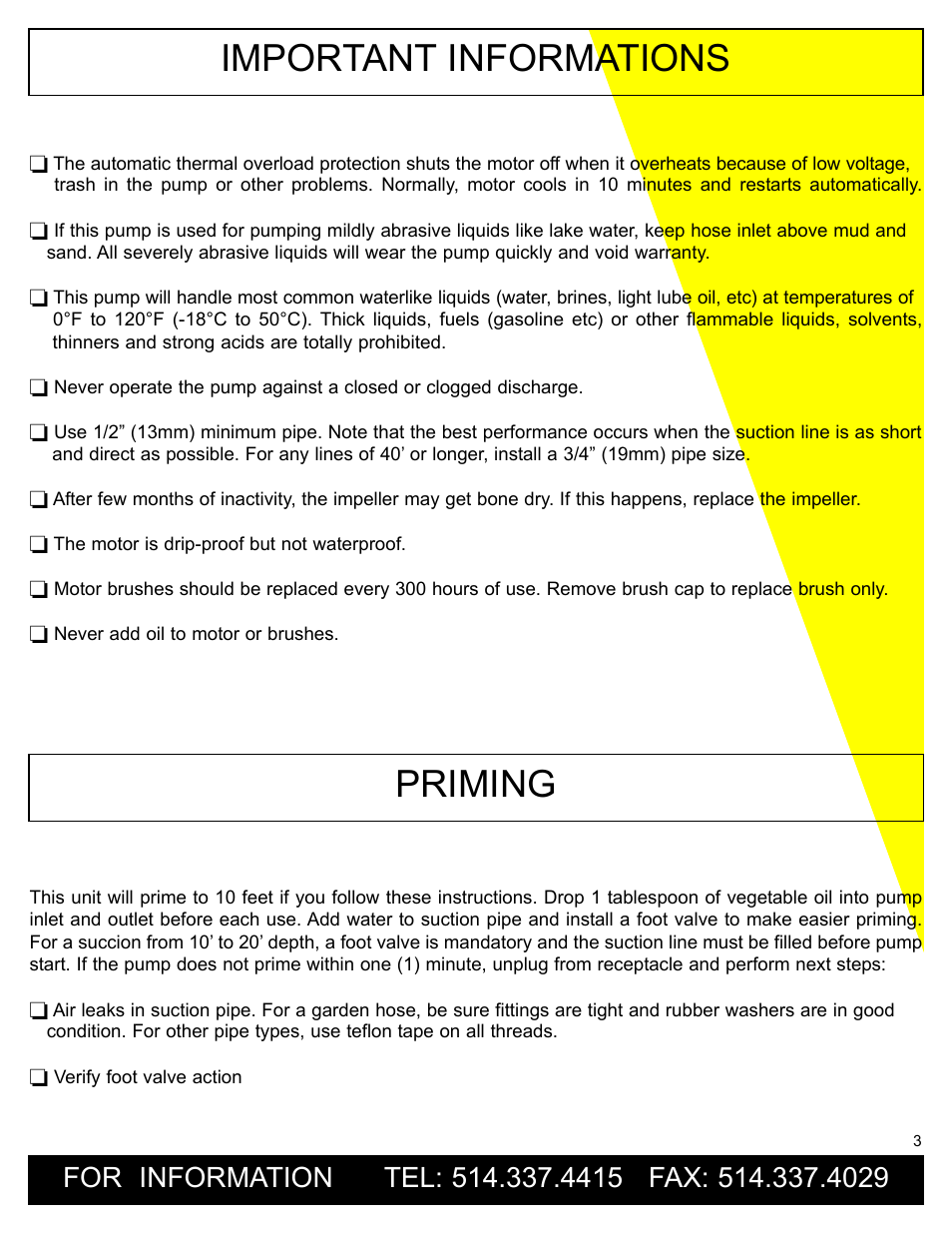 Important informations, Priming | Burcam 300308P MINIVAC UTILITY PUMP 115V 1/12HP C/W ACCESSORIES User Manual | Page 3 / 6