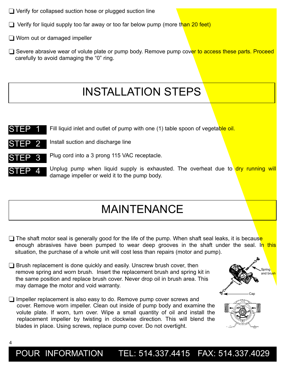 Installation steps, Maintenance, Step 1 step 2 step 3 step 4 | Burcam 300308P MINIVAC UTILITY PUMP 115V 1/12HP C/W ACCESSORIES User Manual | Page 4 / 6