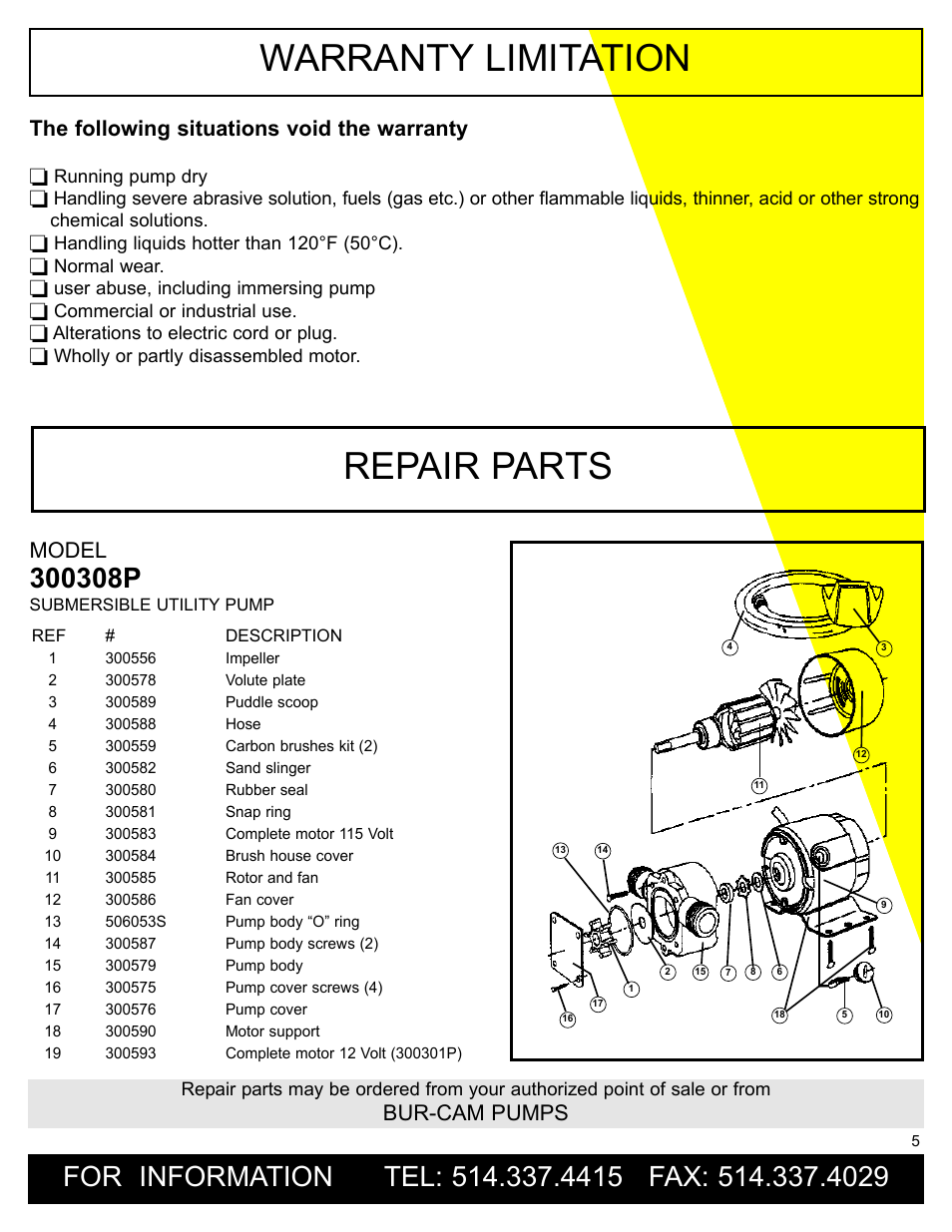 Repair parts, Warranty limitation, Bur-cam pumps | Model, The following situations void the warranty | Burcam 300308P MINIVAC UTILITY PUMP 115V 1/12HP C/W ACCESSORIES User Manual | Page 5 / 6