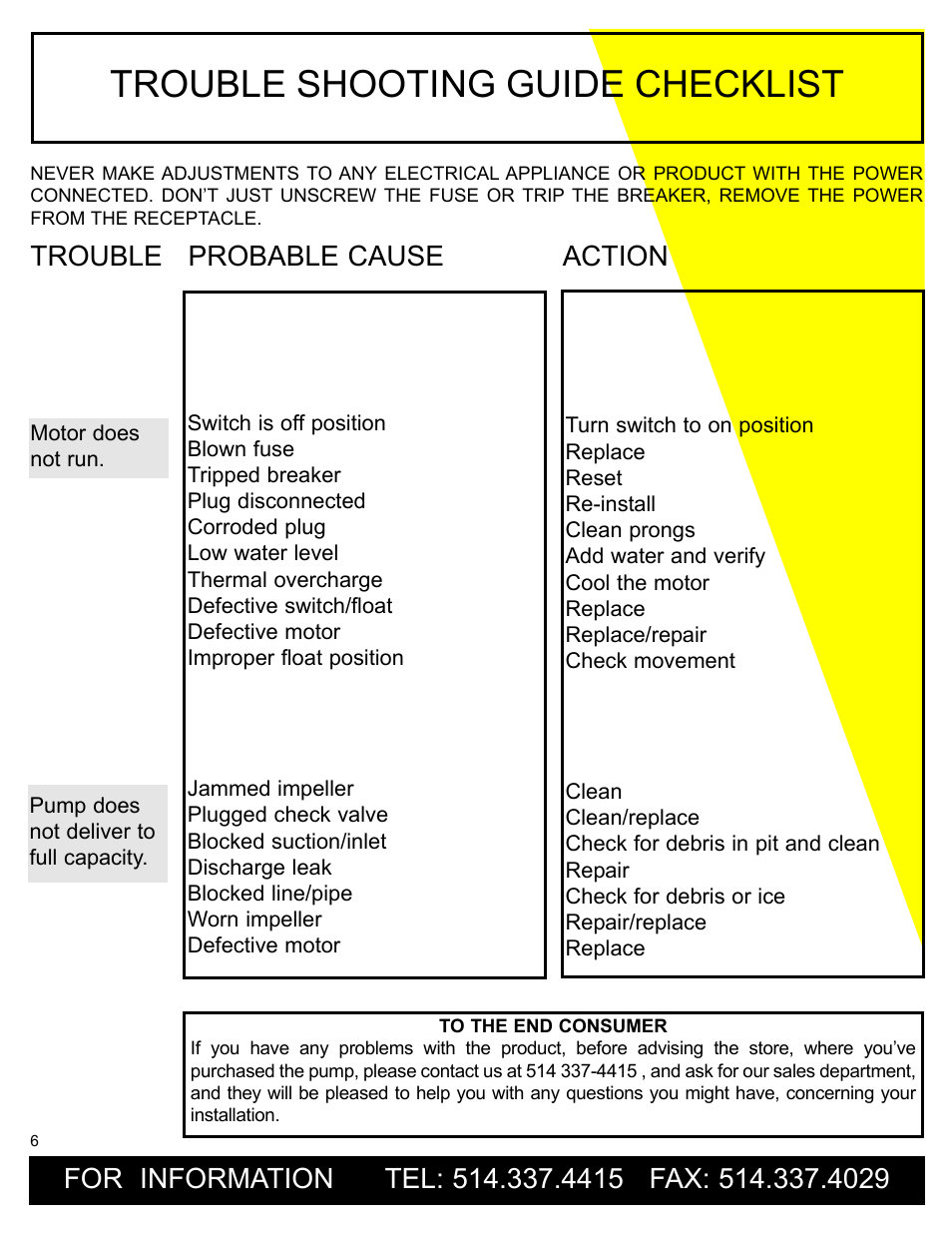 Trouble shooting guide checklist, Trouble probable cause action | Burcam 300308P MINIVAC UTILITY PUMP 115V 1/12HP C/W ACCESSORIES User Manual | Page 6 / 6