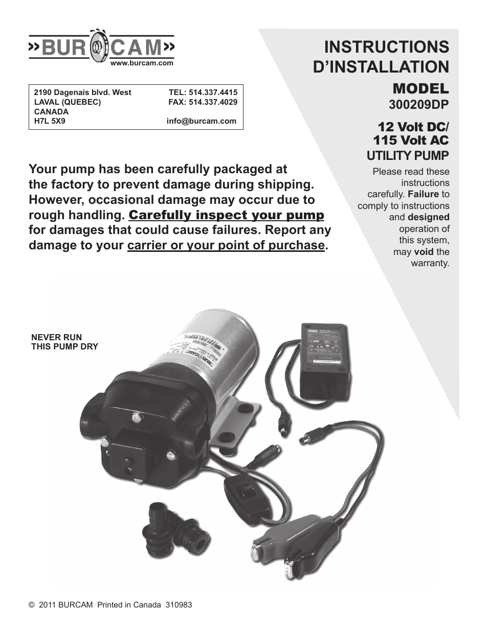 Burcam 300209DP DIAPHRAGM UTILITY PUMP 12V/115V 1/12HP User Manual | 4 pages