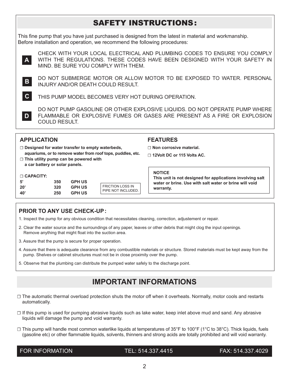 Safety instructions, Important informations, Ab c d | Burcam 300209DP DIAPHRAGM UTILITY PUMP 12V/115V 1/12HP User Manual | Page 2 / 4