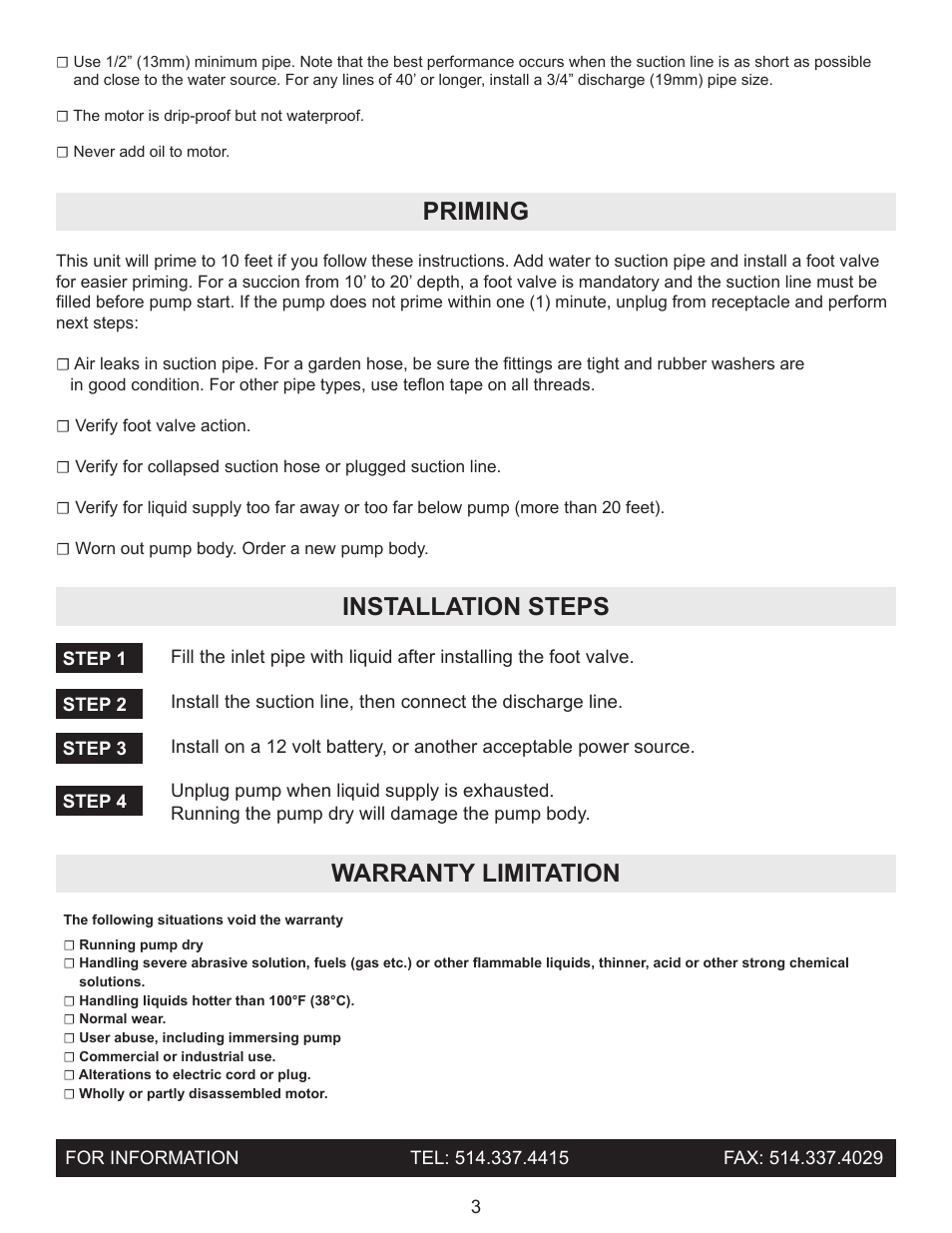 Priming, Installation steps, Warranty limitation | Burcam 300209DP DIAPHRAGM UTILITY PUMP 12V/115V 1/12HP User Manual | Page 3 / 4