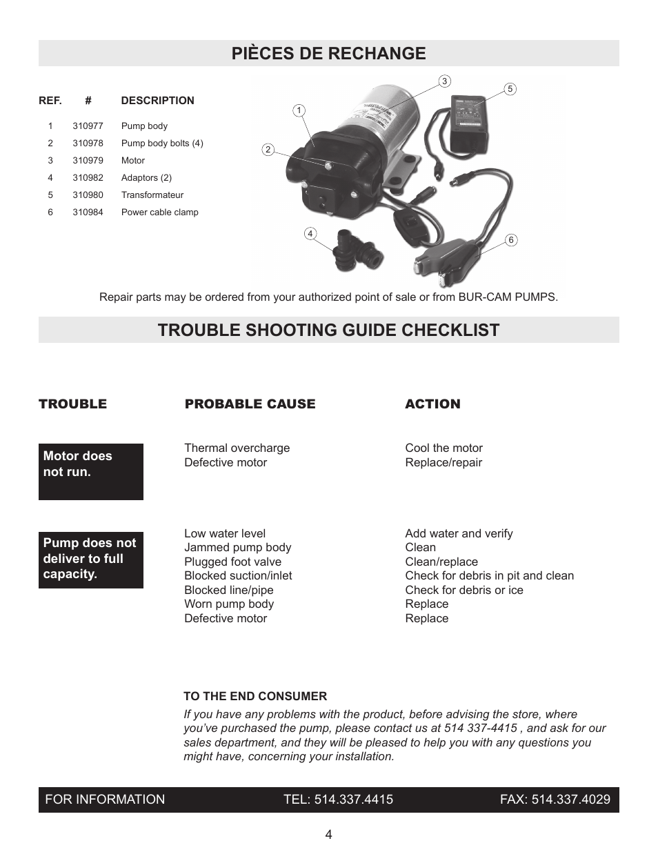 Pièces de rechange, Trouble shooting guide checklist | Burcam 300209DP DIAPHRAGM UTILITY PUMP 12V/115V 1/12HP User Manual | Page 4 / 4