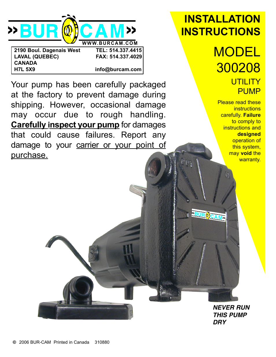 Burcam 300208 UTILITY PUMP 1/2HP 115V User Manual | 6 pages