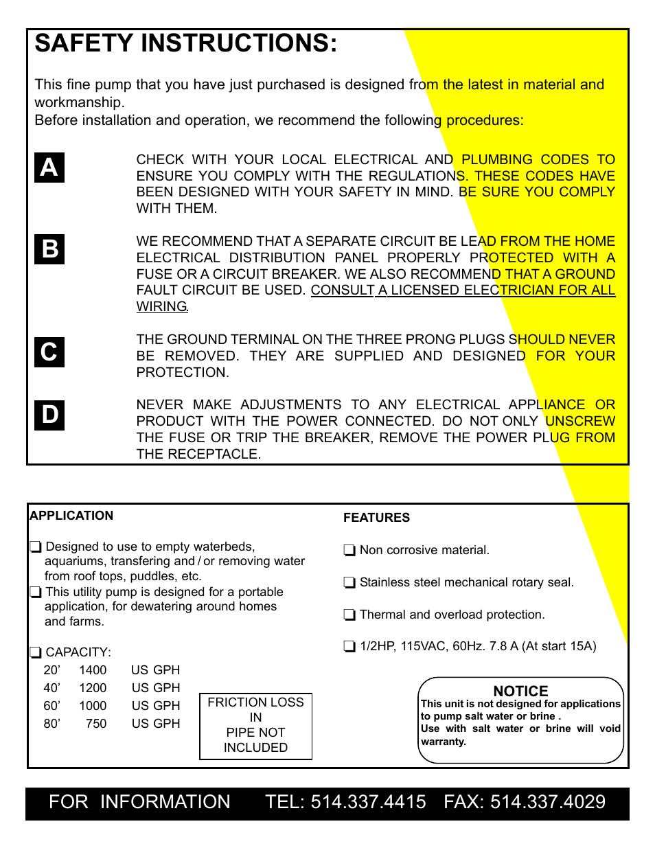 Safety instructions, Ab c d | Burcam 300208 UTILITY PUMP 1/2HP 115V User Manual | Page 2 / 6