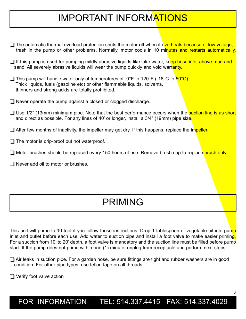 Important informations, Priming | Burcam 300208 UTILITY PUMP 1/2HP 115V User Manual | Page 3 / 6